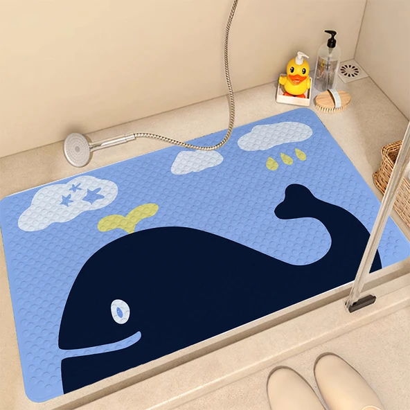 Çocuk Kaymaz Desenli Banyo Halısı - 40x70cm Küçük Siyah Balina