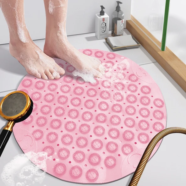 Yuvarlak Kaymaz PVC Banyo Paspası - 53x53cm - Pembe