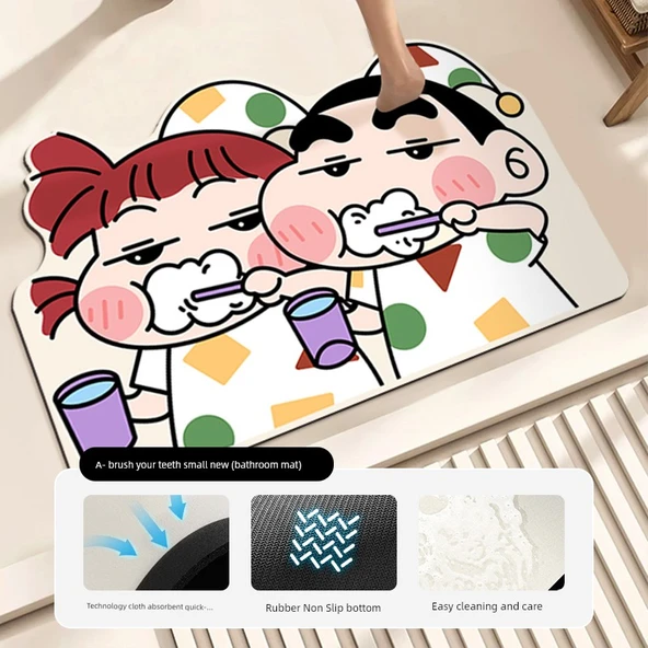 Şirin Crayon Xiaoxin Banyo Paspası 60x90cm - Su Emici - Diş Fırçalayan Xiao Xin-A