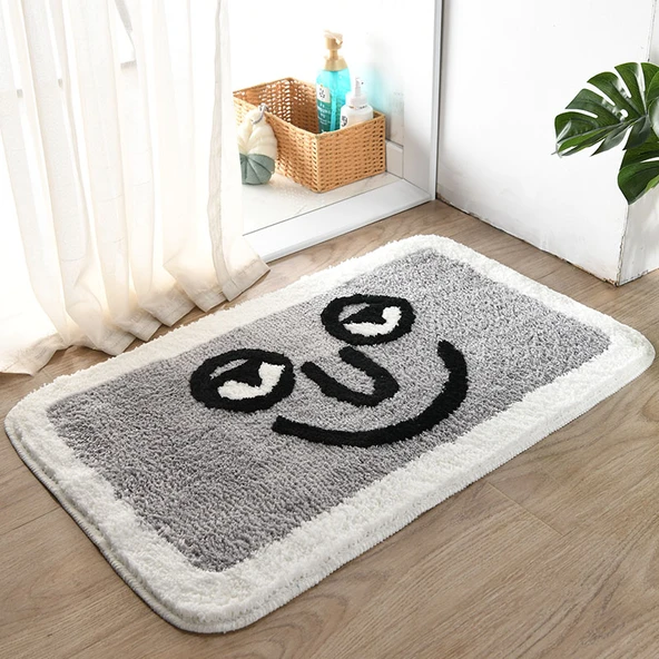 Çizgi Film Desenli Emici Paspas - 50x80 cm - Gri Gülen Yüz