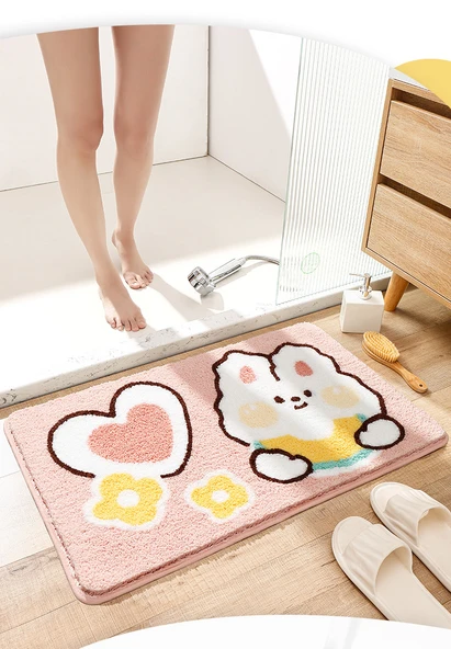 Çizgi Film Desenli Emici Banyo Paspası - 50x80cm - Pembe Beyaz Tavşan - 10