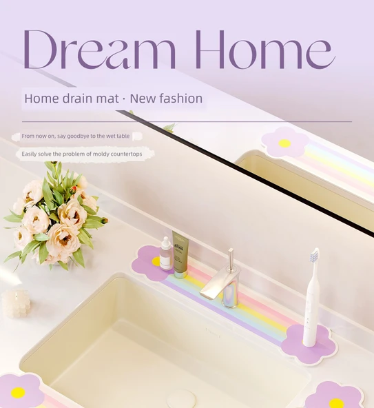 Dar Kenarlı Banyo Tezgah Matı - 14x60cm Gökkuşağı Çiçekleri Deliksiz - 7