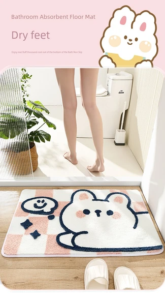 Çizgi Film Desenli Emici Banyo Paspası - 50x80cm - Pembe Beyaz Tavşan - 8