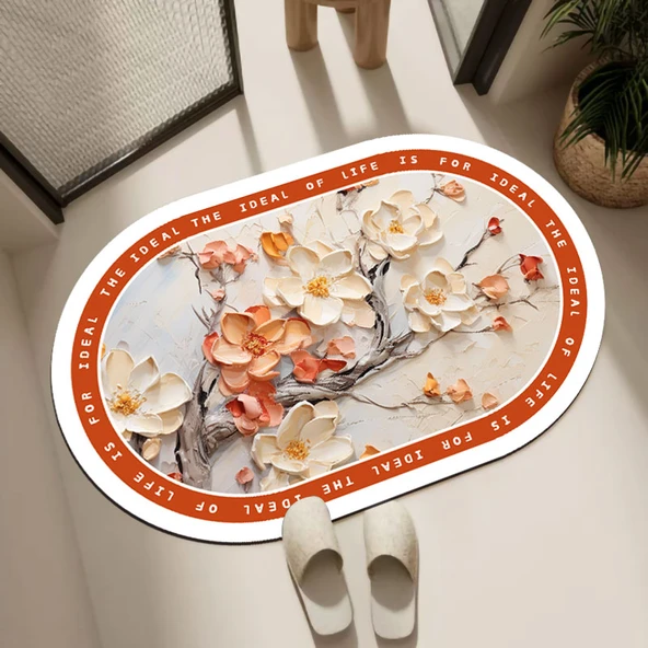 Diyatomit Çamur Hızlı Kuruyan Kaymaz Paspas - 40x60cm Bambu Yazı 5-Oval