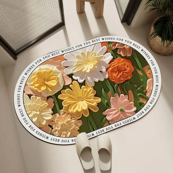 Diyatomit Çamur Hızlı Kuruyan Kaymaz Paspas - 60x90cm Bambu Yazı 3-Oval