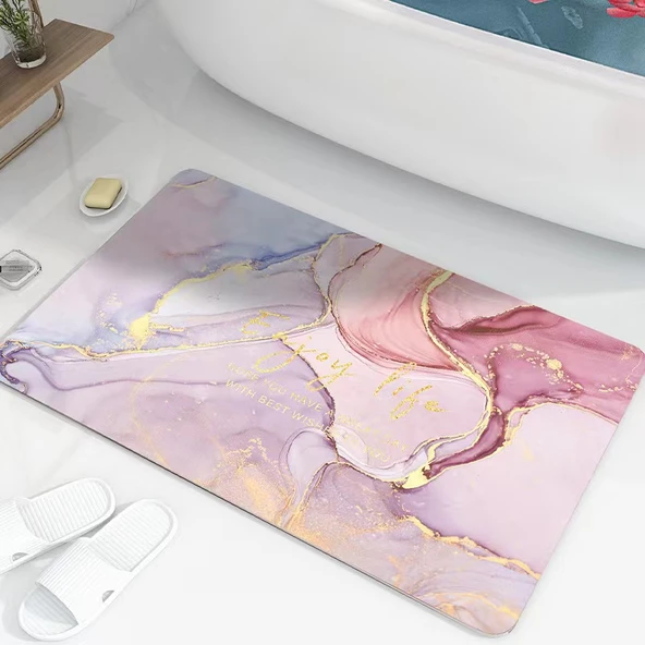 Su Emici Hızlı Kuruyan Diatomit Banyo Paspası - 60x40cm Kare Mermer Pembe