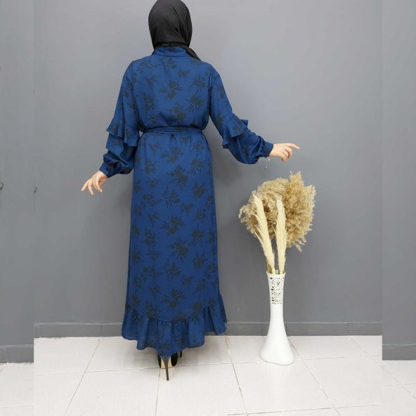 6618 Lacivert Desenli Fırfırlı Uzun Tesettür Elbise - 2
