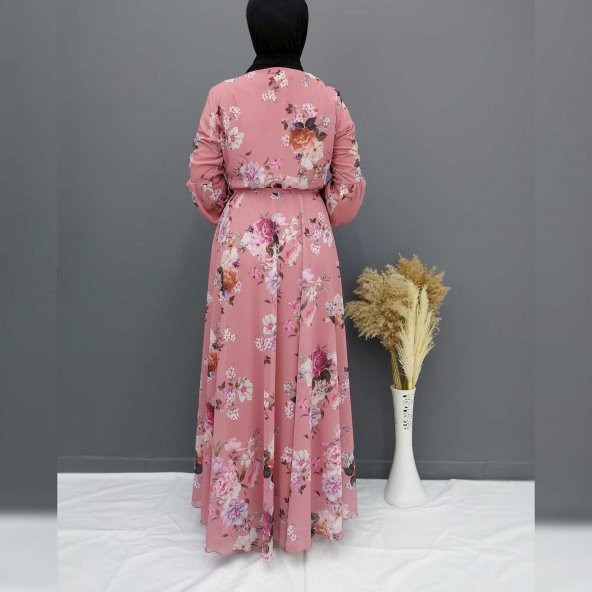 2294 Pembe Çiçek Desenli Büyük Beden Tesettür Elbise - 2