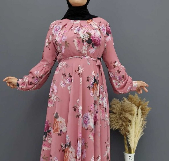 2294 Pembe Çiçek Desenli Büyük Beden Tesettür Elbise - 3
