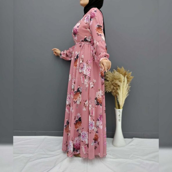 2294 Pembe Çiçek Desenli Büyük Beden Tesettür Elbise - 4