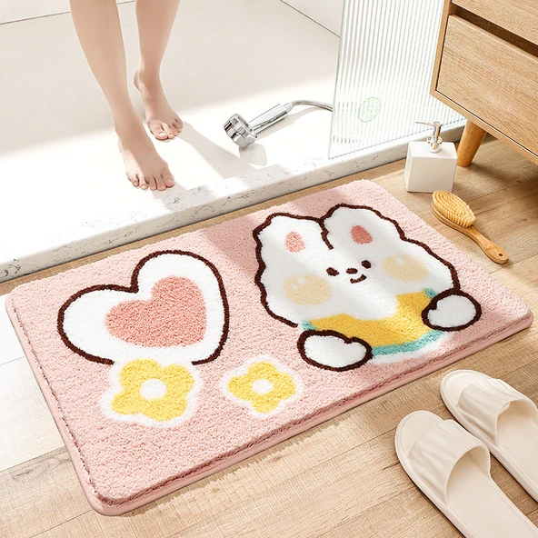 Çizgi Film Desenli Emici Banyo Paspası - 50x80cm - Pembe Beyaz Tavşan