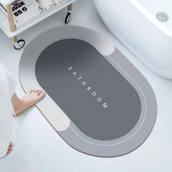 Su Emici Hızlı Kuruyan Diatomit Banyo Paspası - 60x40cm Oval Baykal Açık Gri