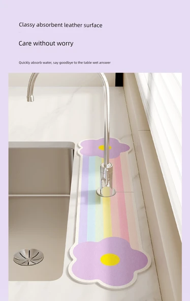 Dar Kenarlı Banyo Tezgah Matı - 14x60cm Gökkuşağı Çiçekleri Deliksiz - 12