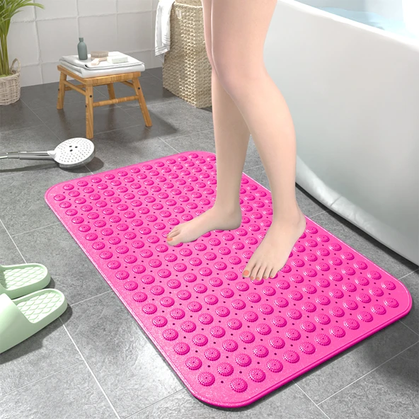 Kaymaz PVC Banyo Paspası - 45cm x 77cm - Gül Kırmızısı - Masajlı