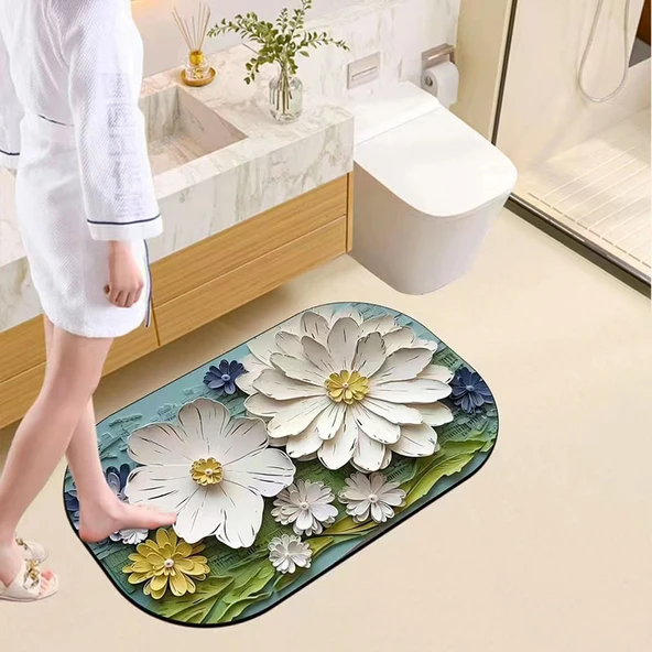 Pastoral Stil Diatomit Banyo Paspası 40x60cm Çiçek Desenli Elips 1