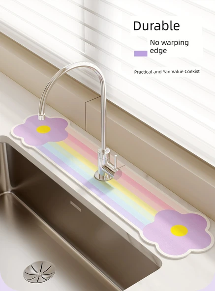 Dar Kenarlı Banyo Tezgah Matı - 14x60cm Gökkuşağı Çiçekleri Deliksiz - 11