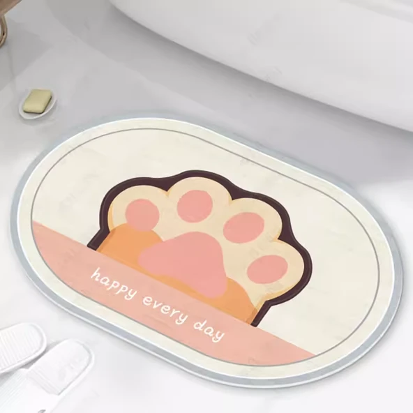 Oval Çizgili Kaymaz Banyo Halısı - 50*80cm - Pembe Kedi Pençesi