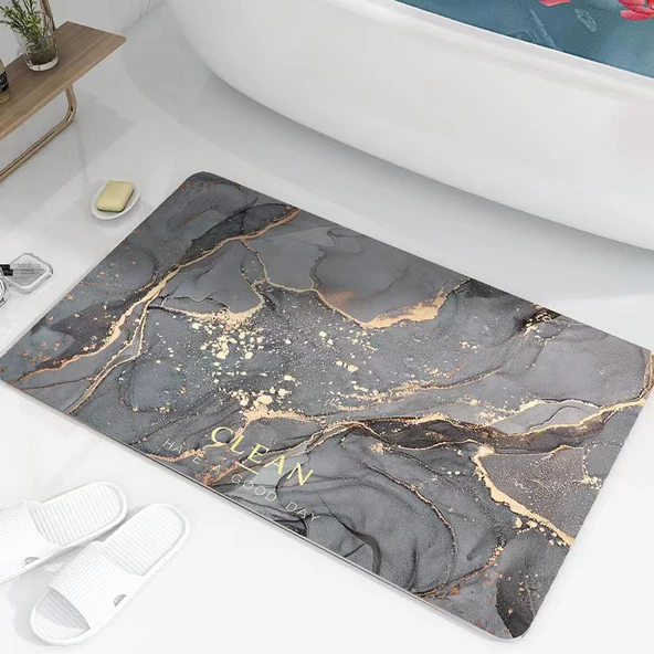 Su Emici Hızlı Kuruyan Diatomit Banyo Paspası - 60x40cm Kare Mermer Gri