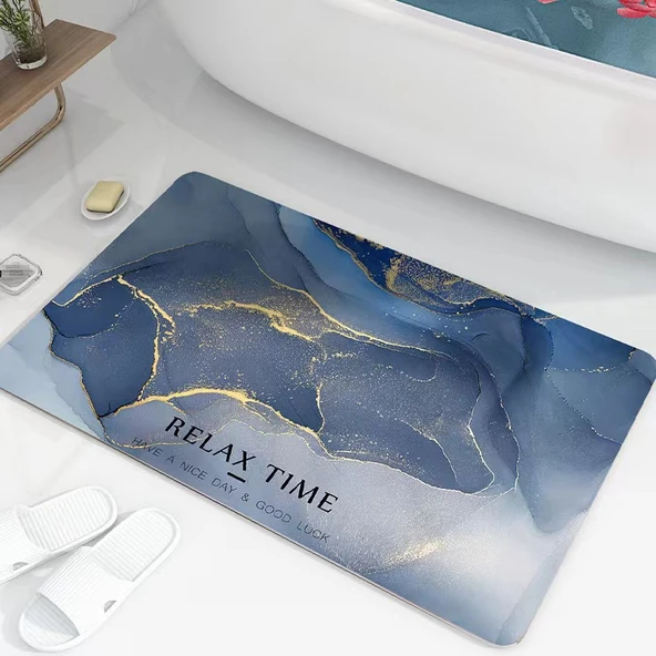 Su Emici Hızlı Kuruyan Diatomit Banyo Paspası - 60x40cm Kare Mermer Mavi