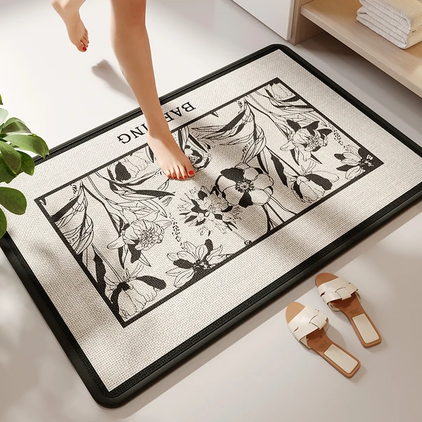 Kaymaz Banyo Paspası - 40x60 cm - Sally Kenevir Kauçuk Tabanlı - Kare Kenevir Desenli İlkbahar Esintisi