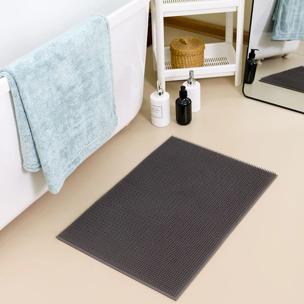 Kaymaz TPE Banyo Paspası - 44x64 cm - Masajlı - Koyu Gri