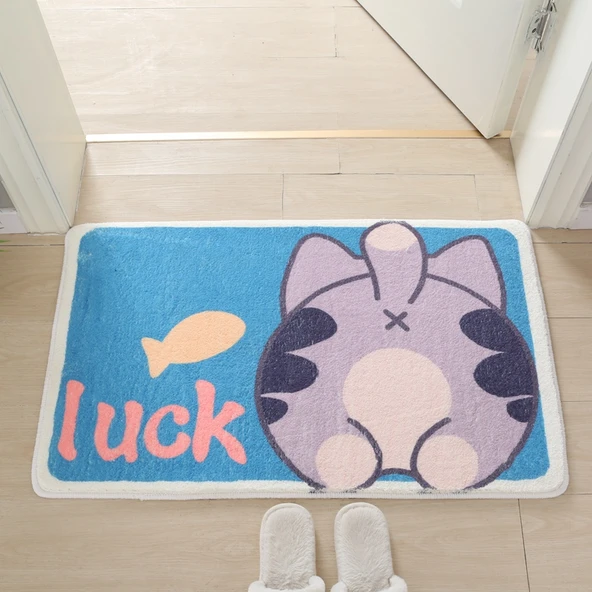 Kaymaz Karikatürlü Kaşmir Yüzeyli Paspas - 60x90cm Şanslı Kedi Poposu