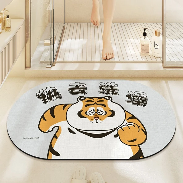 Çizgi Film Tombul Kaplan Kaymaz Emici Banyo Paspası - 40X60cm - Kaplan Banyosu