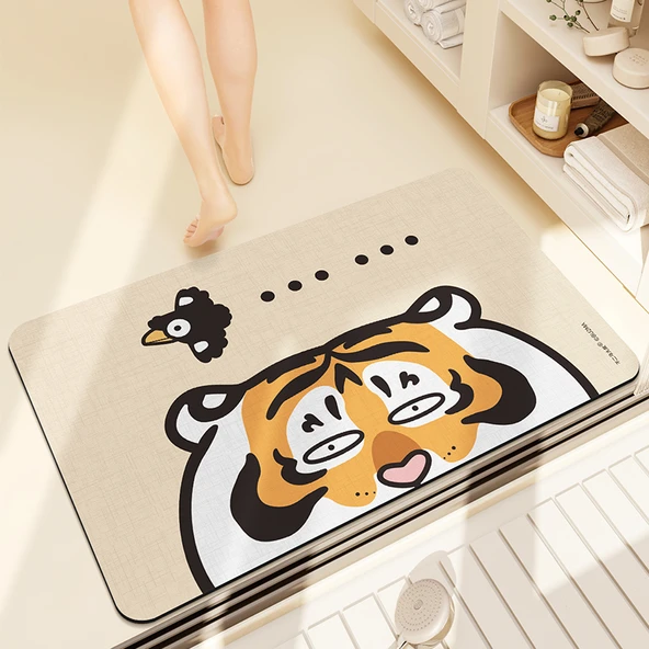 Çizgi Film Tombul Kaplan Kaymaz Emici Banyo Paspası - 40X60cm - Tombul Kaplan Şaşkın