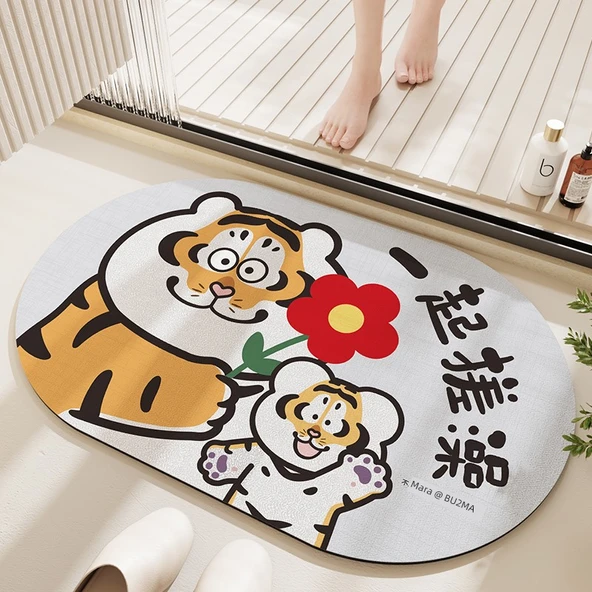 Çizgi Film Tombul Kaplan Kaymaz Emici Banyo Paspası - 50x80cm - Tombul Kaplan ile