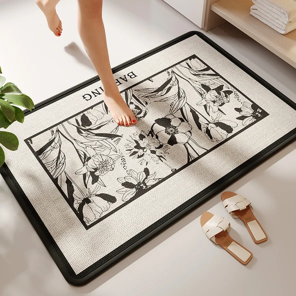 Kaymaz Banyo Paspası - 40x60 cm - Sally Kenevir Kauçuk Tabanlı - Kare Kenevir Desenli İlkbahar Esintisi - 11