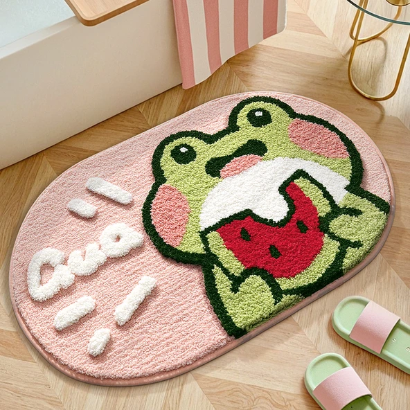 Çizgi Film Desenli Emici Banyo Paspası 40x60cm - Karpuz Yiyen Kurbağa