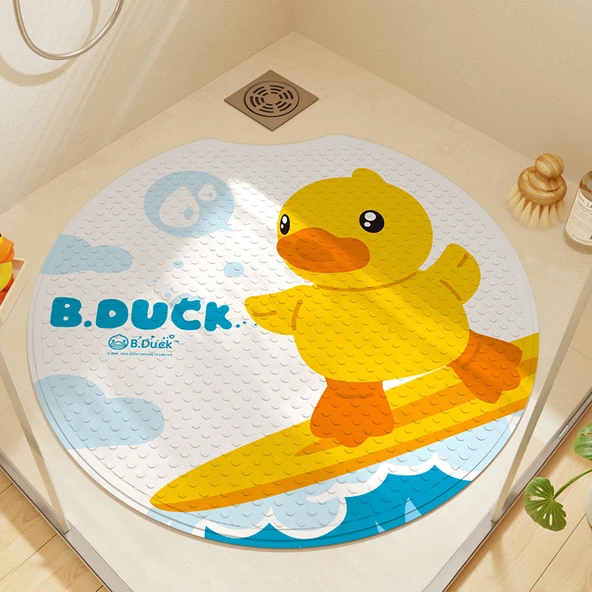Kaymaz Banyo Paspası - Küçük Sarı Ördek - 60x60 cm - Sörf Yapan Ördek Desenli Yuvarlak