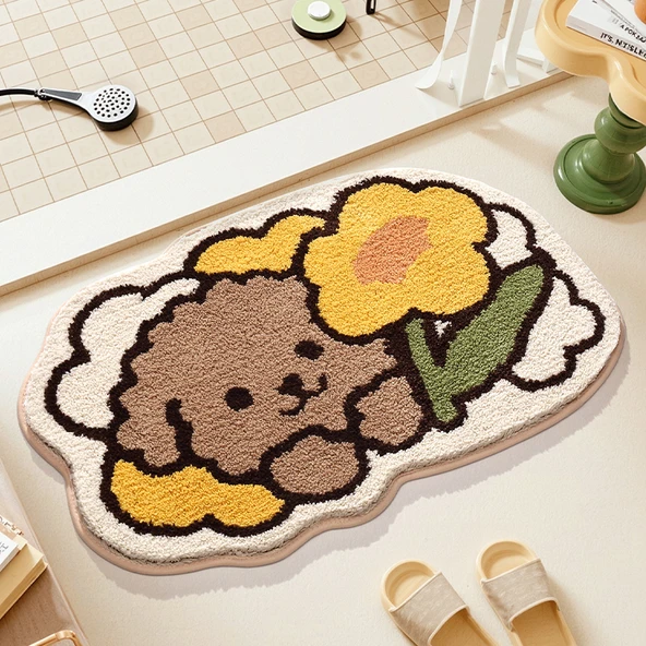 Çizgi Film Desenli Emici Banyo Paspası 50x80cm - Çiçekli Köpek Yavrusu