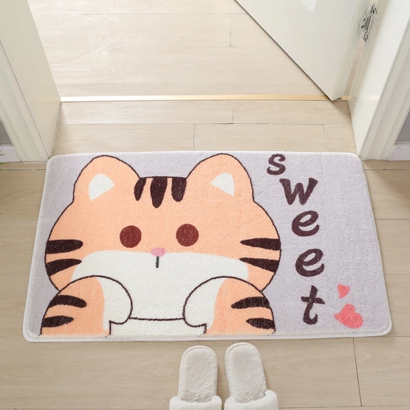 Kaymaz Karikatürlü Kaşmir Yüzeyli Paspas - 50x80cm Öpücük Turuncu Kedi