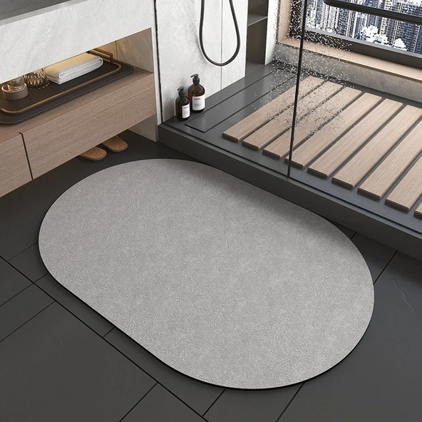 Diatomit Oval Banyo Paspası 60 x 90cm - Naturel Gri