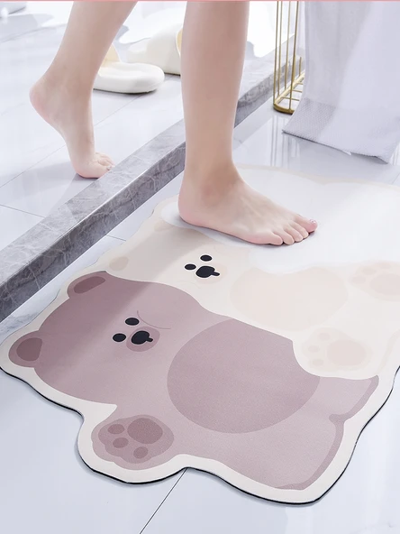 Çizgi Film Desenli Diatomit Banyo Paspası Seti - 40x60 + 50x80cm - Üç Ayı - 2