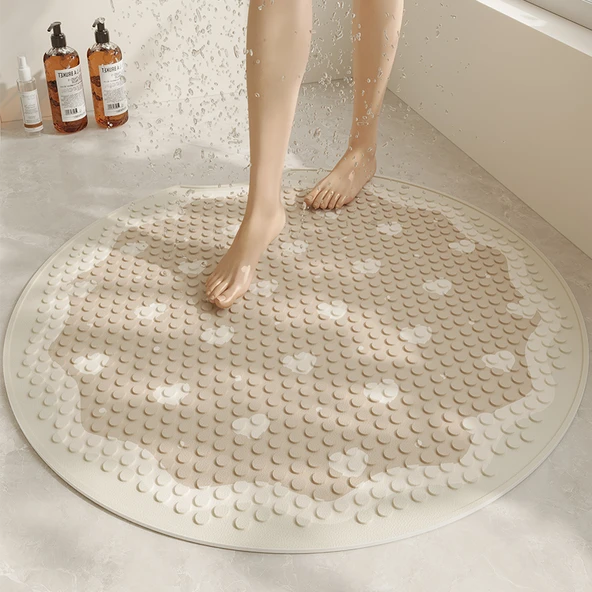 Kaymaz Yuvarlak PVC Banyo Paspası - 65x65cm - Kalpli Kakao Kek