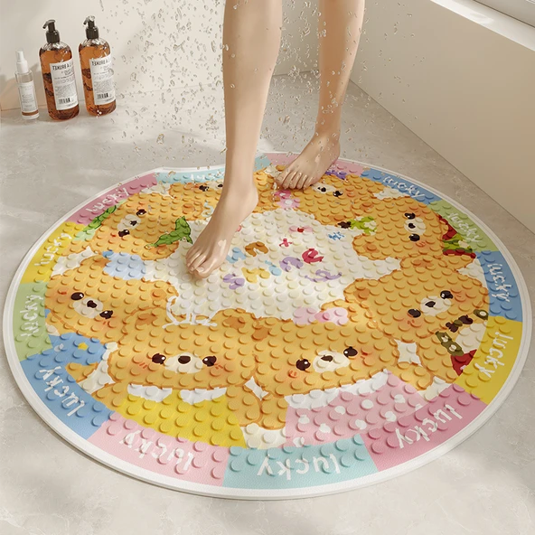 Kaymaz Yuvarlak PVC Banyo Paspası - 65x65cm - Ayılar Çevreliyor