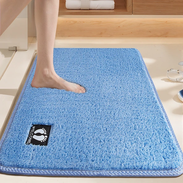 Hızlı Kuruyan Kaymaz Emici Banyo Paspası - 40x60cm Ayak İzi-Mavi