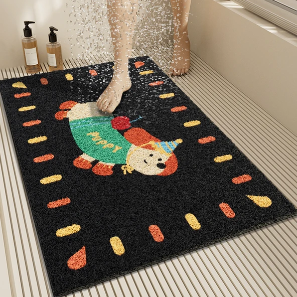 Kaymaz PVC Banyo Paspası - 60x90cm - Mutlu Yavru Köpek Desenli