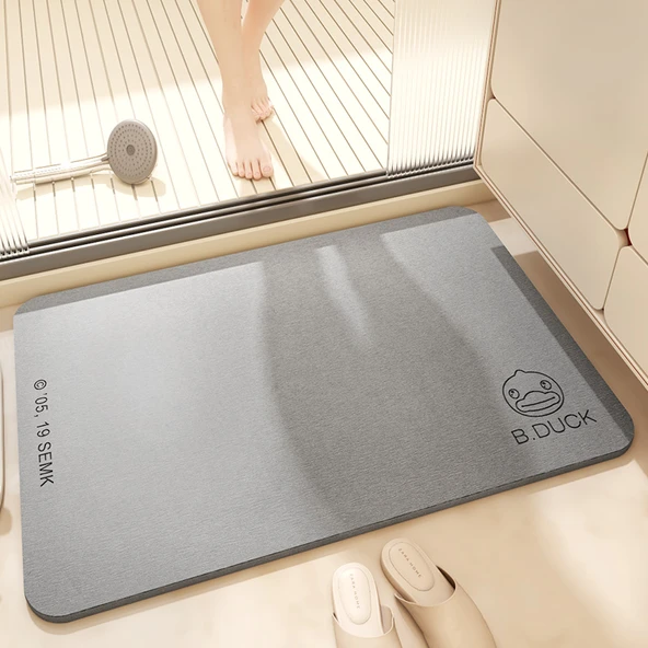 Küçük Sarı Ördek Banyo Paspası - Yapışkan Ördek Desenli Kül Rengi - 39x60cm