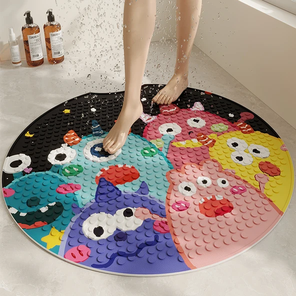 Kaymaz Yuvarlak PVC Banyo Paspası - 65x65cm - Küçük Canavar Büyük Yıldız-1