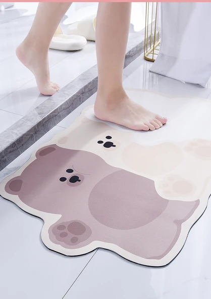 Çizgi Film Desenli Diatomit Banyo Paspası - 40x60cm - Silikonlu - Üç Ayı - 10