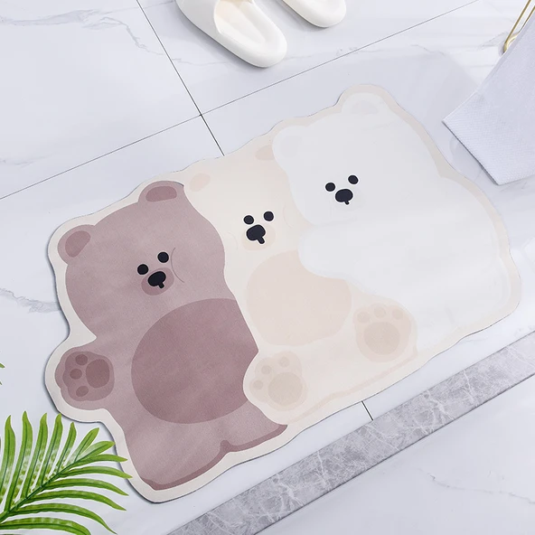 Çizgi Film Desenli Diatomit Banyo Paspası Seti - 40x60 + 50x80cm - Üç Ayı