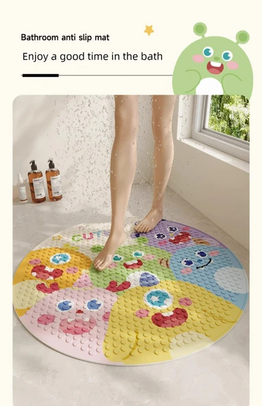Kaymaz Yuvarlak PVC Banyo Paspası - 55x55cm - Küçük Canavar Büyük Yıldız - 9