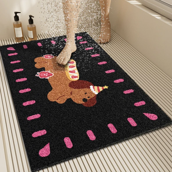 Kaymaz PVC Banyo Paspası - 80x120cm - Krem Yavru Köpek Desenli