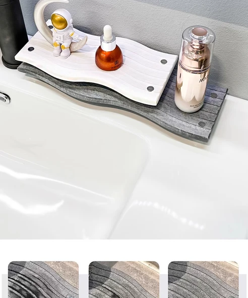 Diyatomit Emici Banyo Matı - Orta Gri 30x11x0.9cm Bank Dalga Desenli - 10