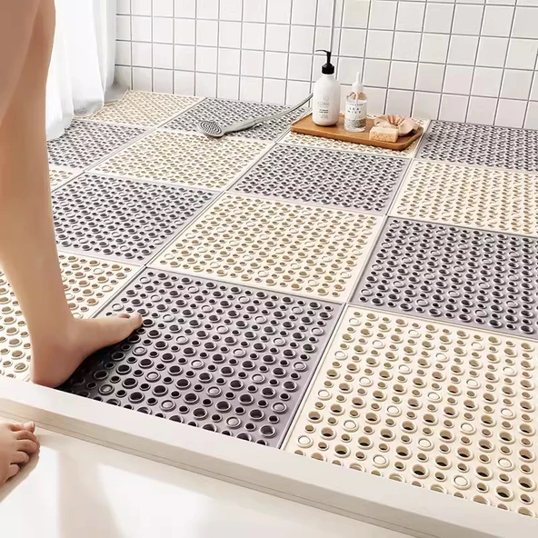 Kaymaz Banyo Paspası 30x30cm - Pirinç + Kül Rengi (Kalınlaştırılmış, Yumuşak) - 2 Adet