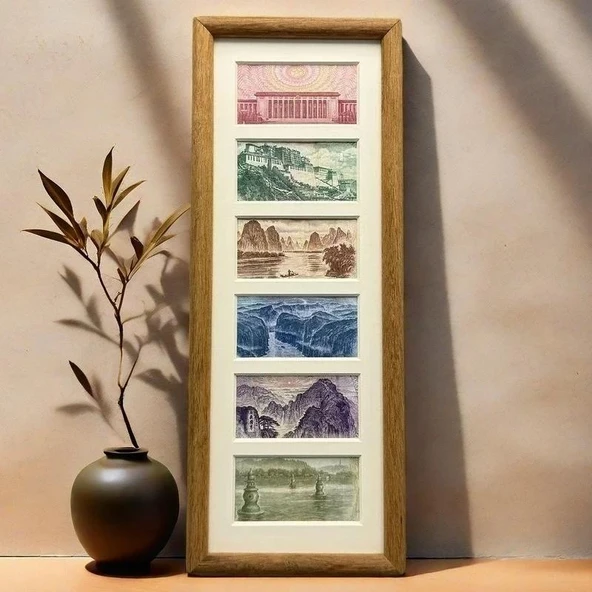 Altılı Ahşap Fotoğraf Çerçevesi - Ceviz Rengi - İki Kutu - 13x32cm - 3