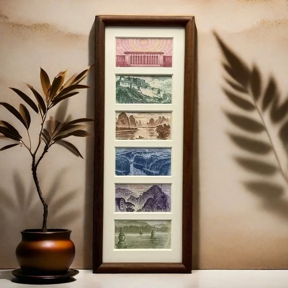 Altılı Ahşap Fotoğraf Çerçevesi - Ceviz Rengi - İki Kutu - 13x32cm